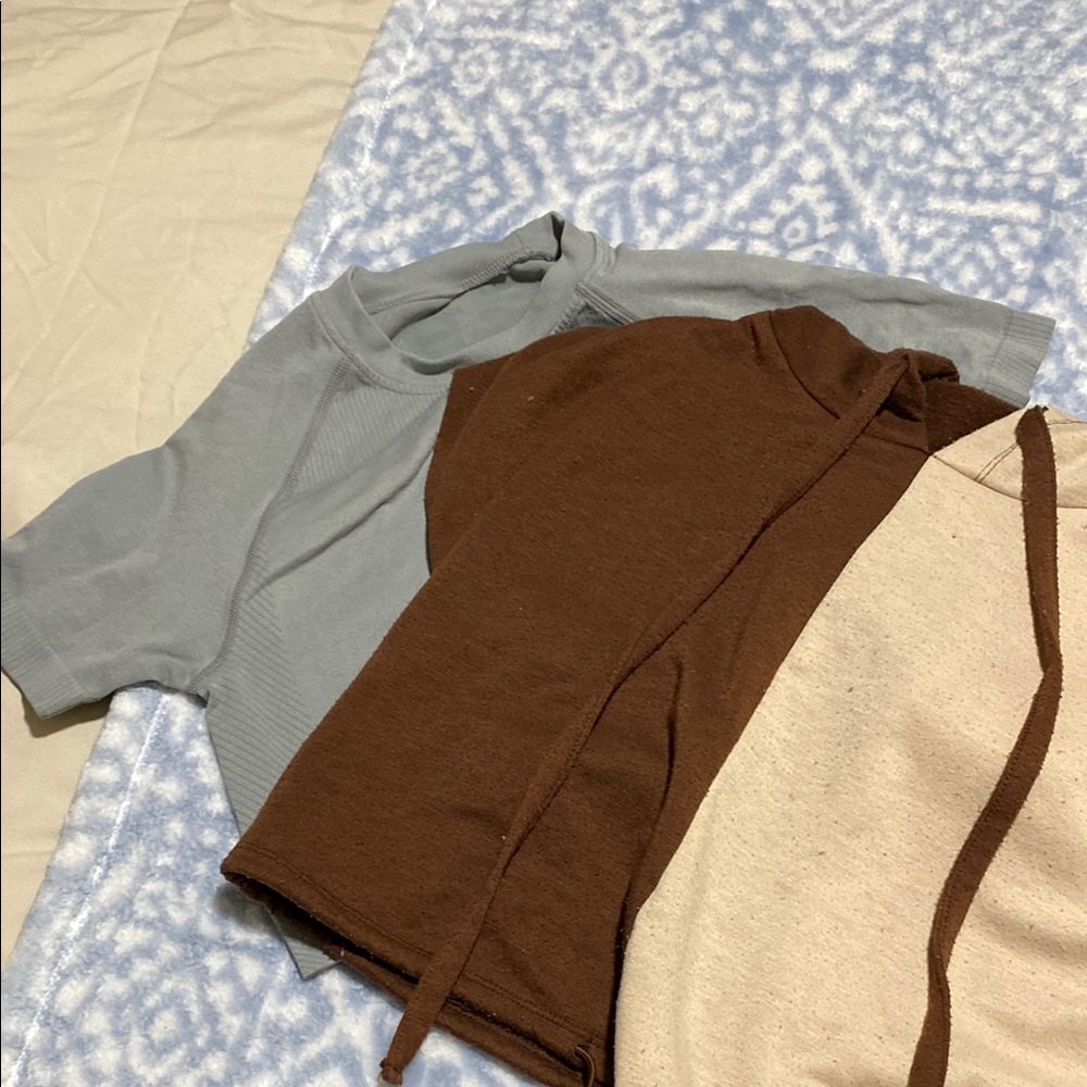 Trio of Short Sleeve Tops in Blue, Brown, and Cream